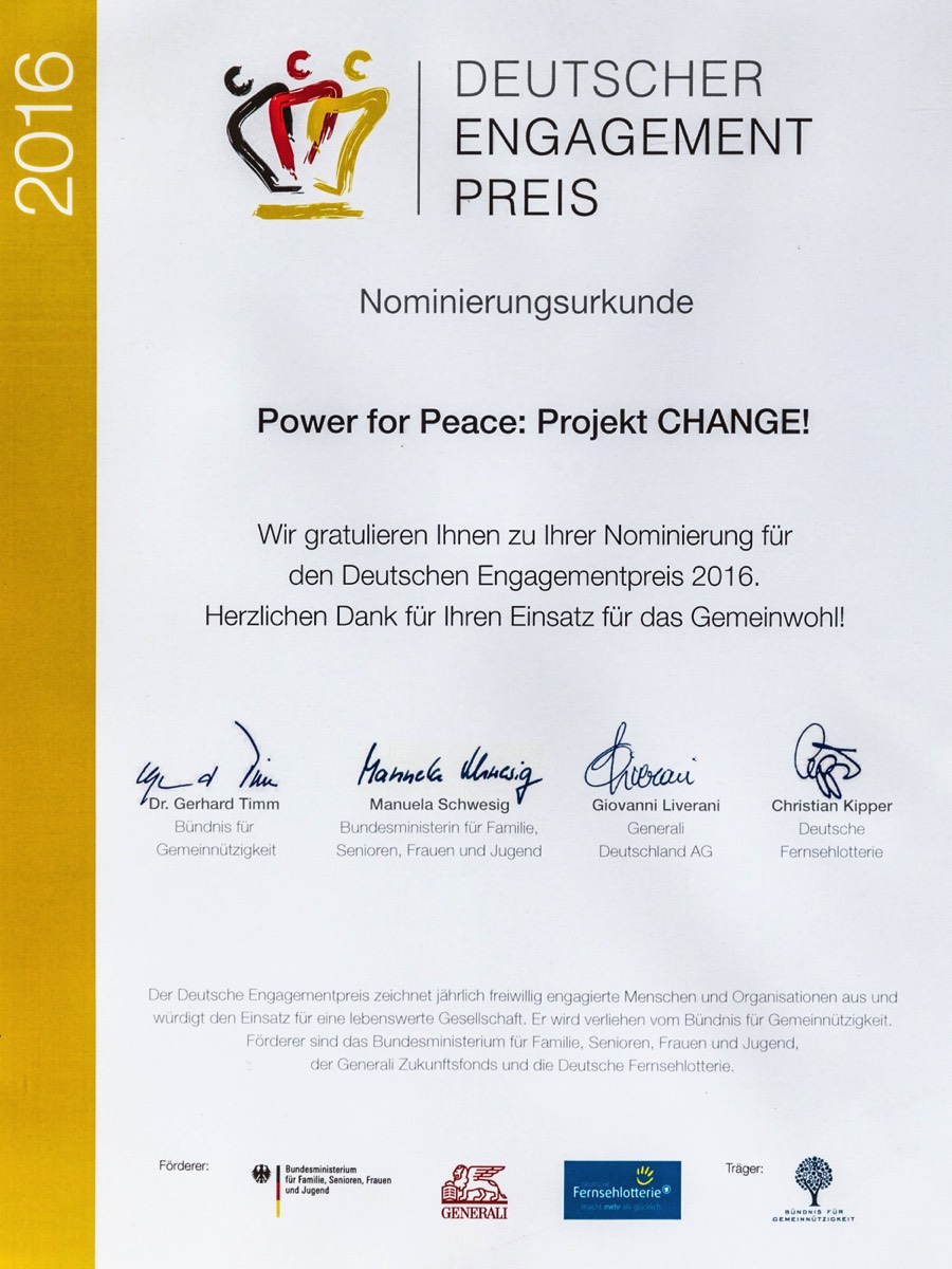 Power for Peace Urkunde Deutscher Engagement Preis 2016 02