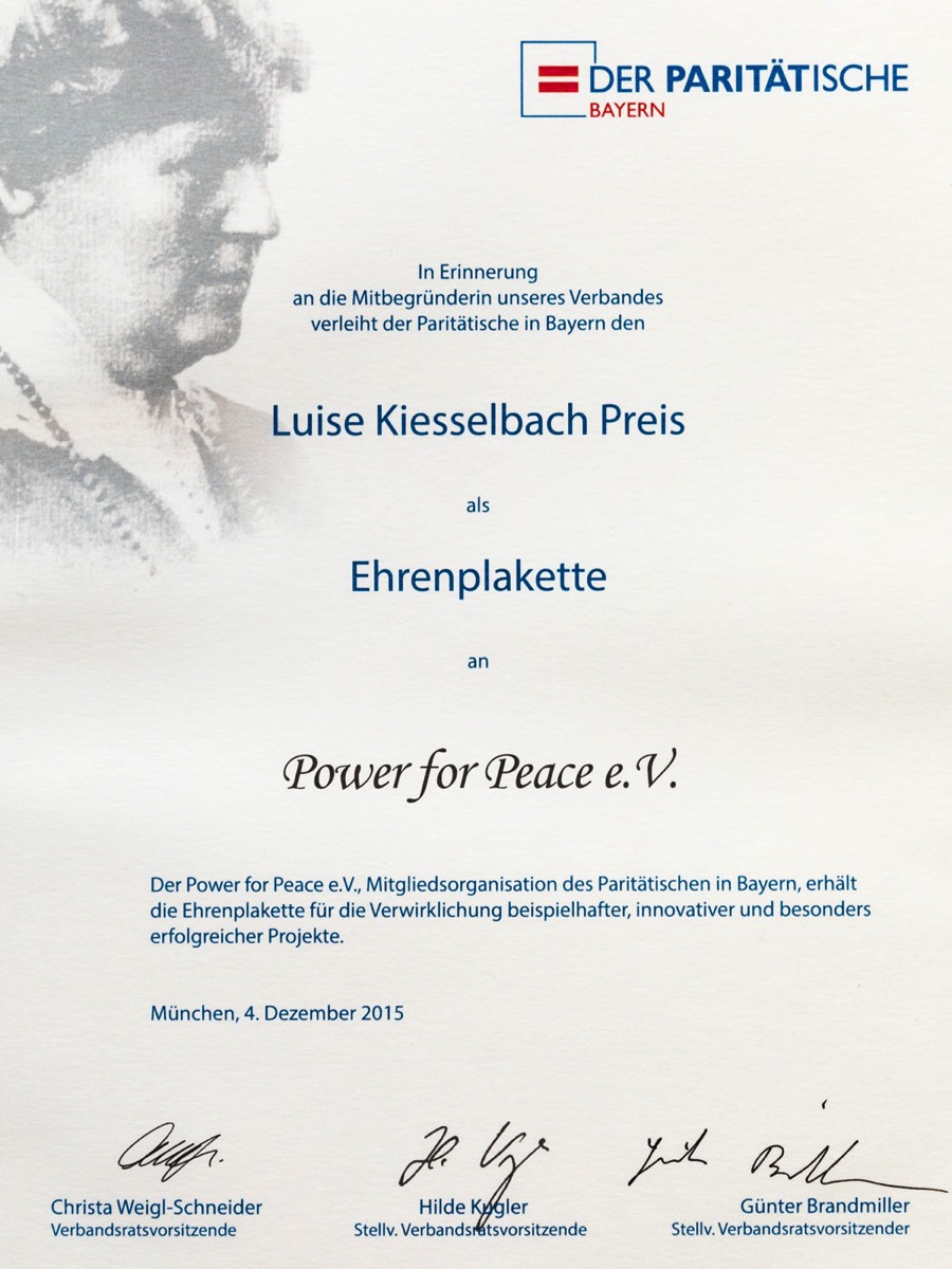 Power for Peace Urkunde Luise Kiesselbach Preis 2015 02